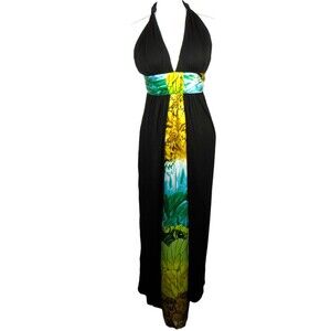 Saks Fifth Ave Black Halter Tie Silk Contrast Flowy Maxi Dress Size Small